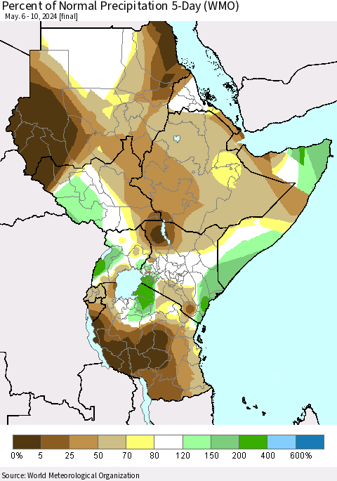 Eastern Africa Percent of Normal Precipitation 5-Day (WMO) Thematic Map For 5/6/2024 - 5/10/2024
