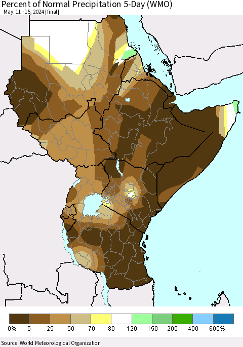 Eastern Africa Percent of Normal Precipitation 5-Day (WMO) Thematic Map For 5/11/2024 - 5/15/2024