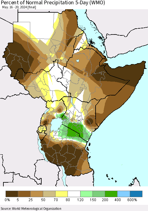 Eastern Africa Percent of Normal Precipitation 5-Day (WMO) Thematic Map For 5/16/2024 - 5/20/2024
