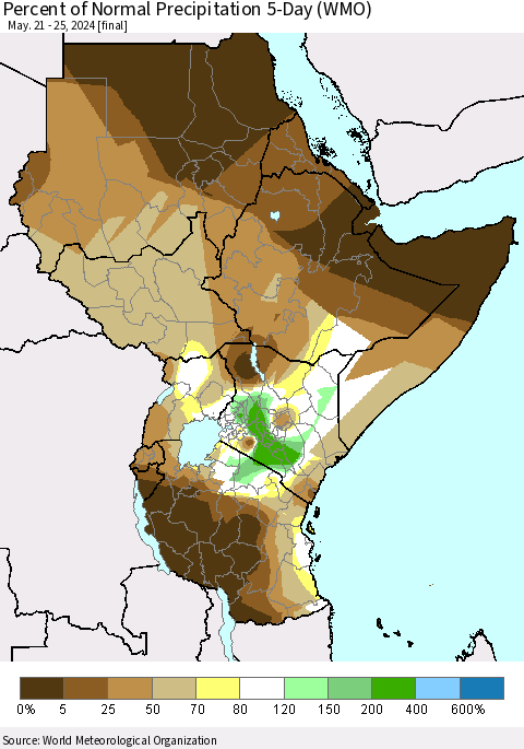 Eastern Africa Percent of Normal Precipitation 5-Day (WMO) Thematic Map For 5/21/2024 - 5/25/2024