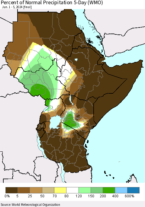 Eastern Africa Percent of Normal Precipitation 5-Day (WMO) Thematic Map For 6/1/2024 - 6/5/2024