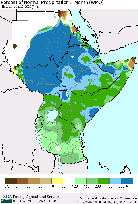 Eastern Africa Percent of Normal Precipitation 2-Month (WMO) Thematic Map For 11/11/2019 - 1/10/2020