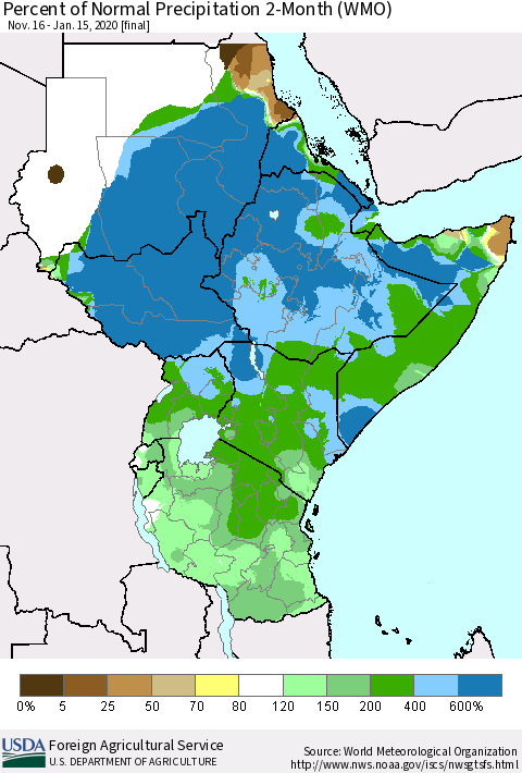 Eastern Africa Percent of Normal Precipitation 2-Month (WMO) Thematic Map For 11/16/2019 - 1/15/2020