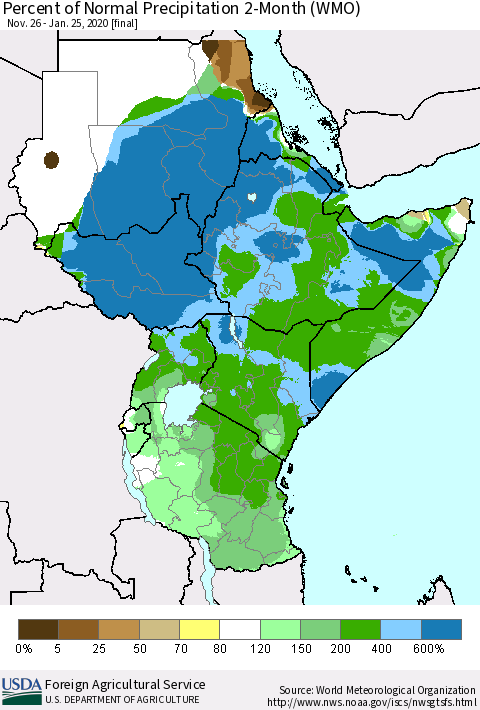 Eastern Africa Percent of Normal Precipitation 2-Month (WMO) Thematic Map For 11/26/2019 - 1/25/2020