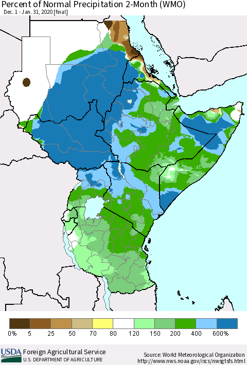 Eastern Africa Percent of Normal Precipitation 2-Month (WMO) Thematic Map For 12/1/2019 - 1/31/2020
