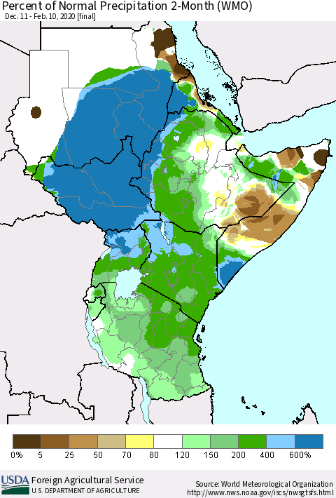 Eastern Africa Percent of Normal Precipitation 2-Month (WMO) Thematic Map For 12/11/2019 - 2/10/2020