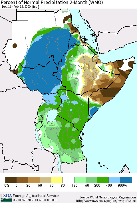 Eastern Africa Percent of Normal Precipitation 2-Month (WMO) Thematic Map For 12/16/2019 - 2/15/2020