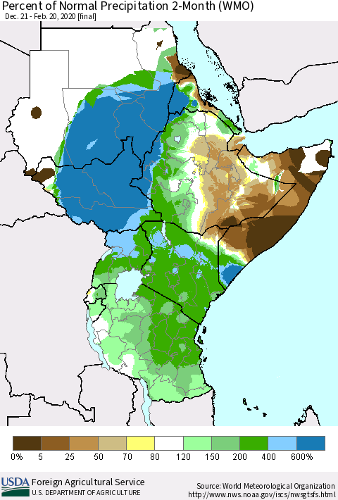 Eastern Africa Percent of Normal Precipitation 2-Month (WMO) Thematic Map For 12/21/2019 - 2/20/2020