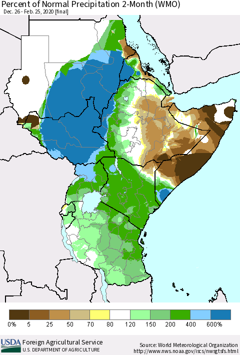 Eastern Africa Percent of Normal Precipitation 2-Month (WMO) Thematic Map For 12/26/2019 - 2/25/2020