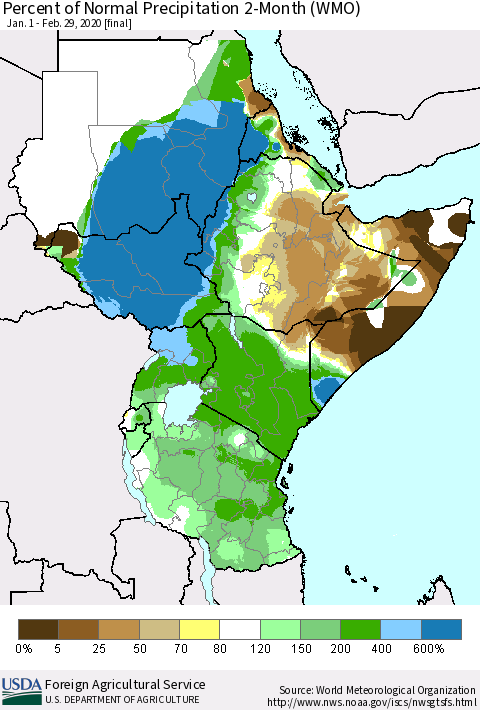 Eastern Africa Percent of Normal Precipitation 2-Month (WMO) Thematic Map For 1/1/2020 - 2/29/2020
