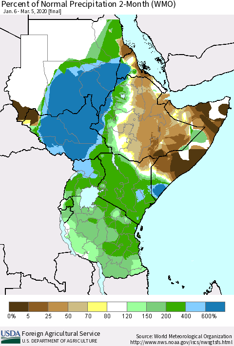 Eastern Africa Percent of Normal Precipitation 2-Month (WMO) Thematic Map For 1/6/2020 - 3/5/2020