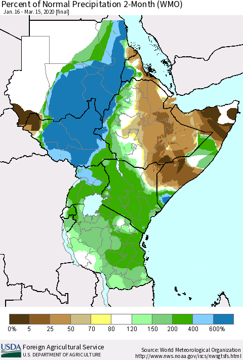 Eastern Africa Percent of Normal Precipitation 2-Month (WMO) Thematic Map For 1/16/2020 - 3/15/2020