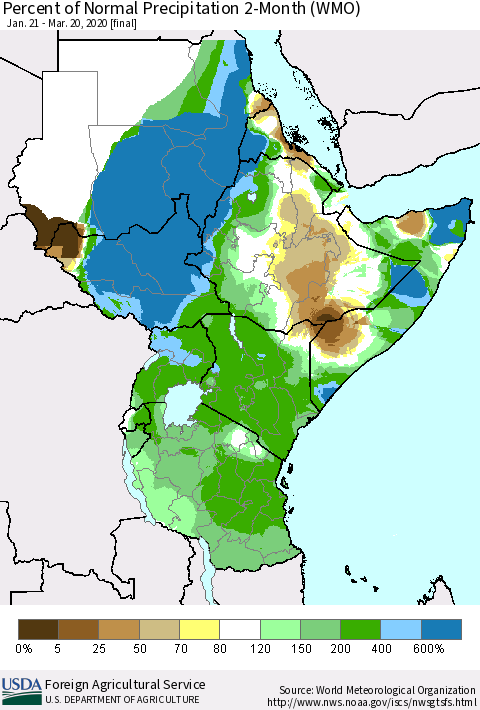 Eastern Africa Percent of Normal Precipitation 2-Month (WMO) Thematic Map For 1/21/2020 - 3/20/2020