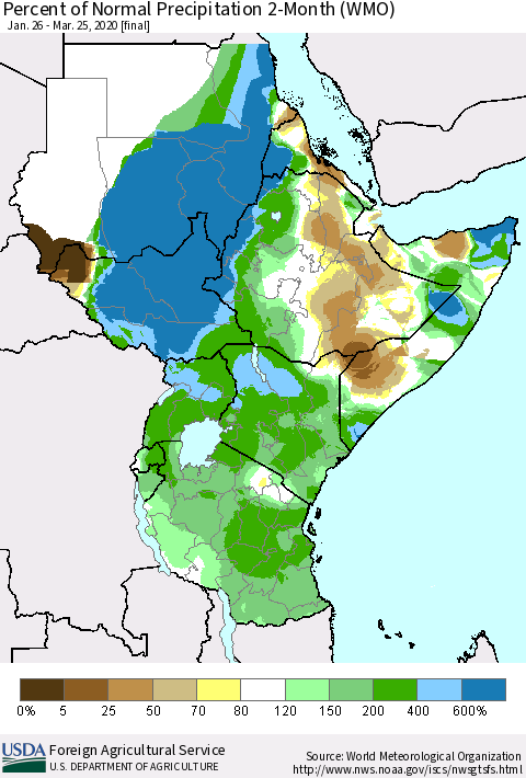 Eastern Africa Percent of Normal Precipitation 2-Month (WMO) Thematic Map For 1/26/2020 - 3/25/2020