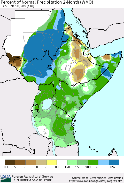 Eastern Africa Percent of Normal Precipitation 2-Month (WMO) Thematic Map For 2/1/2020 - 3/31/2020