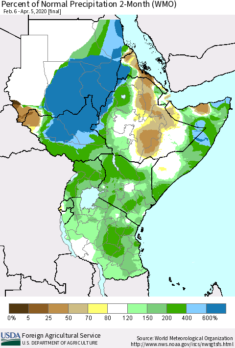 Eastern Africa Percent of Normal Precipitation 2-Month (WMO) Thematic Map For 2/6/2020 - 4/5/2020