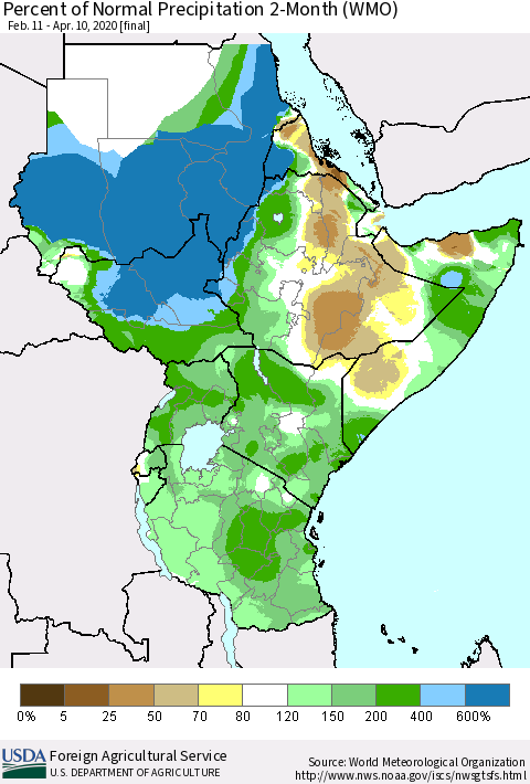 Eastern Africa Percent of Normal Precipitation 2-Month (WMO) Thematic Map For 2/11/2020 - 4/10/2020