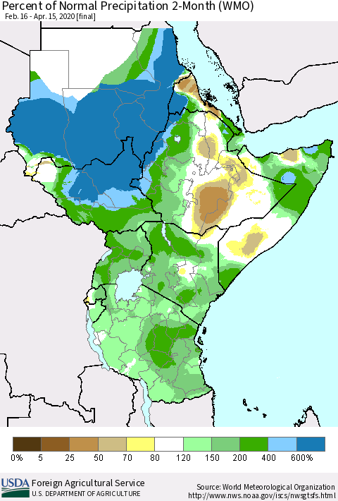 Eastern Africa Percent of Normal Precipitation 2-Month (WMO) Thematic Map For 2/16/2020 - 4/15/2020