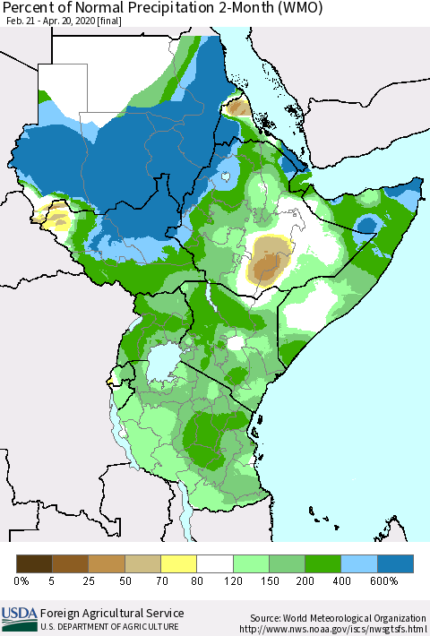Eastern Africa Percent of Normal Precipitation 2-Month (WMO) Thematic Map For 2/21/2020 - 4/20/2020