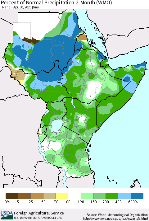 Eastern Africa Percent of Normal Precipitation 2-Month (WMO) Thematic Map For 3/1/2020 - 4/30/2020