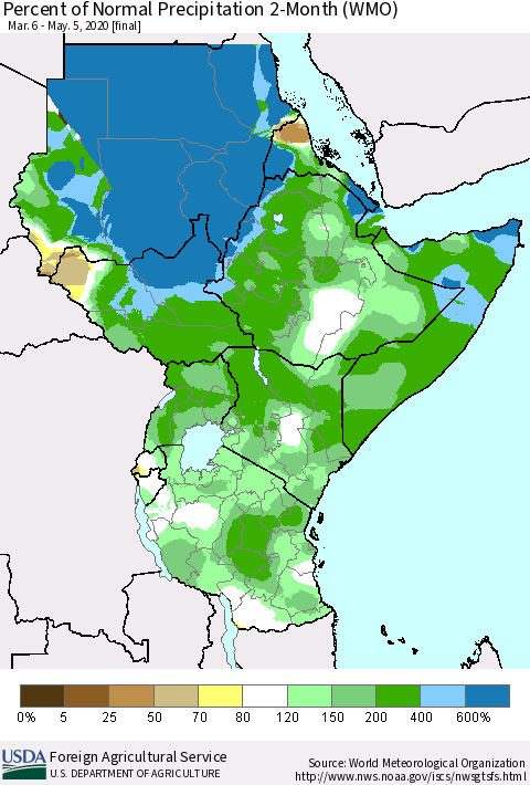 Eastern Africa Percent of Normal Precipitation 2-Month (WMO) Thematic Map For 3/6/2020 - 5/5/2020