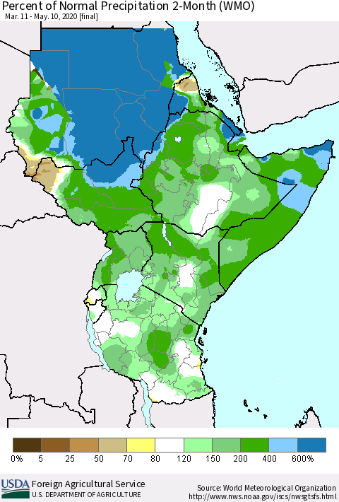 Eastern Africa Percent of Normal Precipitation 2-Month (WMO) Thematic Map For 3/11/2020 - 5/10/2020