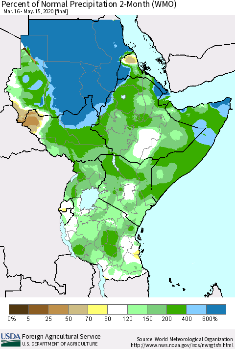 Eastern Africa Percent of Normal Precipitation 2-Month (WMO) Thematic Map For 3/16/2020 - 5/15/2020