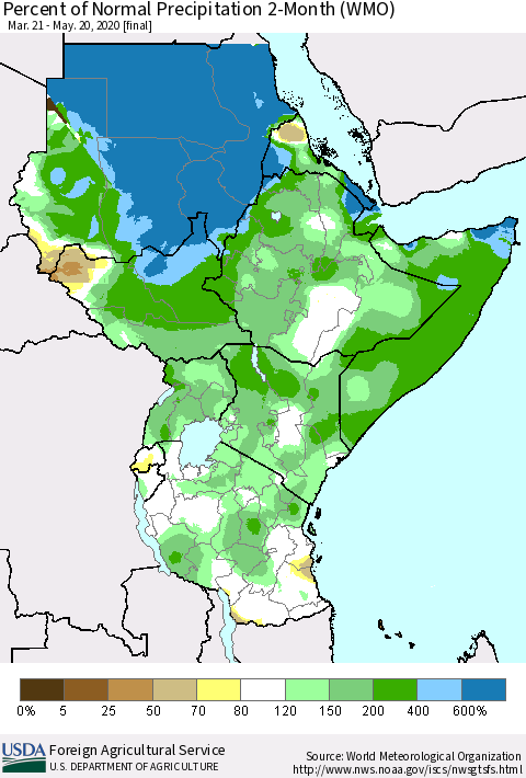 Eastern Africa Percent of Normal Precipitation 2-Month (WMO) Thematic Map For 3/21/2020 - 5/20/2020