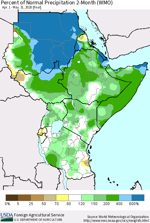 Eastern Africa Percent of Normal Precipitation 2-Month (WMO) Thematic Map For 4/1/2020 - 5/31/2020