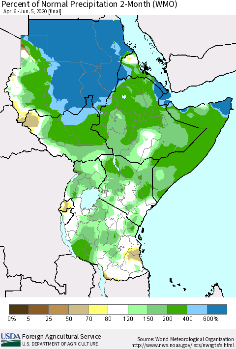 Eastern Africa Percent of Normal Precipitation 2-Month (WMO) Thematic Map For 4/6/2020 - 6/5/2020
