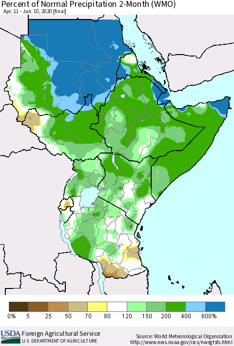 Eastern Africa Percent of Normal Precipitation 2-Month (WMO) Thematic Map For 4/11/2020 - 6/10/2020