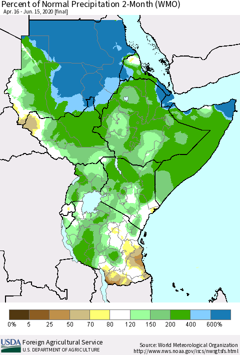 Eastern Africa Percent of Normal Precipitation 2-Month (WMO) Thematic Map For 4/16/2020 - 6/15/2020