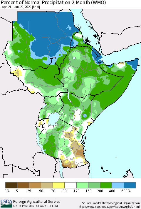 Eastern Africa Percent of Normal Precipitation 2-Month (WMO) Thematic Map For 4/21/2020 - 6/20/2020