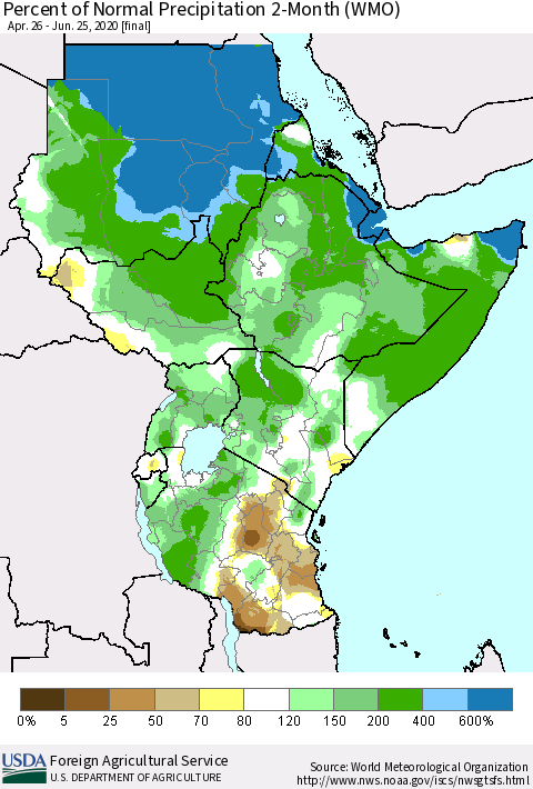 Eastern Africa Percent of Normal Precipitation 2-Month (WMO) Thematic Map For 4/26/2020 - 6/25/2020
