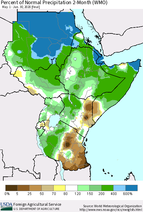 Eastern Africa Percent of Normal Precipitation 2-Month (WMO) Thematic Map For 5/1/2020 - 6/30/2020