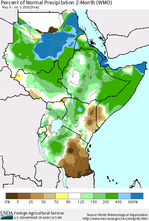 Eastern Africa Percent of Normal Precipitation 2-Month (WMO) Thematic Map For 5/6/2020 - 7/5/2020