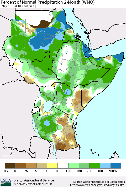 Eastern Africa Percent of Normal Precipitation 2-Month (WMO) Thematic Map For 5/11/2020 - 7/10/2020