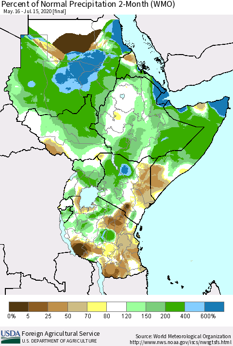Eastern Africa Percent of Normal Precipitation 2-Month (WMO) Thematic Map For 5/16/2020 - 7/15/2020