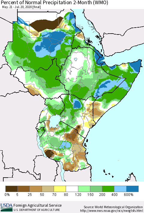 Eastern Africa Percent of Normal Precipitation 2-Month (WMO) Thematic Map For 5/21/2020 - 7/20/2020