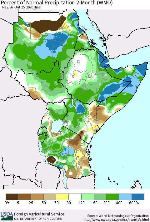 Eastern Africa Percent of Normal Precipitation 2-Month (WMO) Thematic Map For 5/26/2020 - 7/25/2020