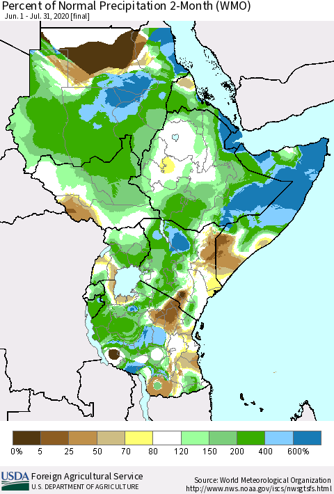 Eastern Africa Percent of Normal Precipitation 2-Month (WMO) Thematic Map For 6/1/2020 - 7/31/2020