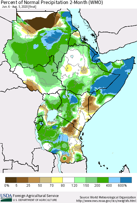 Eastern Africa Percent of Normal Precipitation 2-Month (WMO) Thematic Map For 6/6/2020 - 8/5/2020