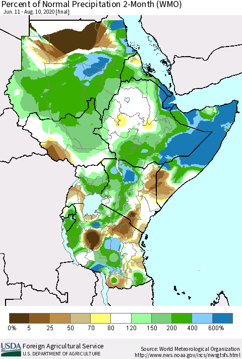 Eastern Africa Percent of Normal Precipitation 2-Month (WMO) Thematic Map For 6/11/2020 - 8/10/2020