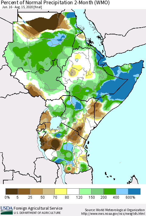 Eastern Africa Percent of Normal Precipitation 2-Month (WMO) Thematic Map For 6/16/2020 - 8/15/2020