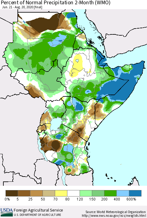 Eastern Africa Percent of Normal Precipitation 2-Month (WMO) Thematic Map For 6/21/2020 - 8/20/2020