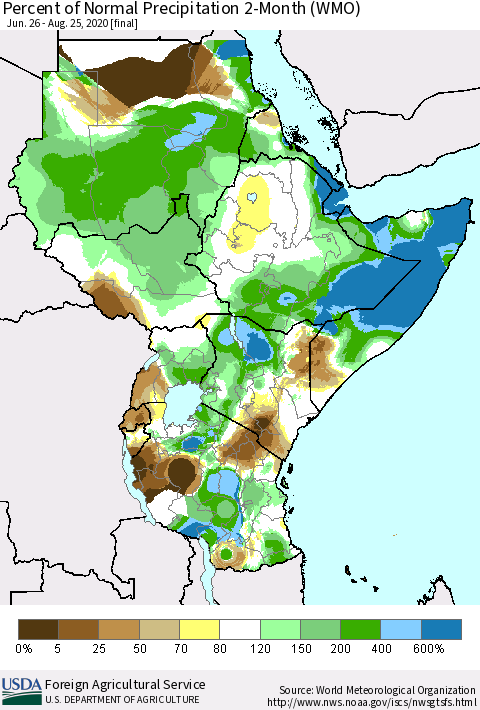 Eastern Africa Percent of Normal Precipitation 2-Month (WMO) Thematic Map For 6/26/2020 - 8/25/2020