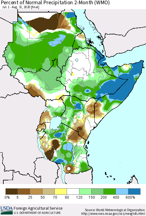 Eastern Africa Percent of Normal Precipitation 2-Month (WMO) Thematic Map For 7/1/2020 - 8/31/2020