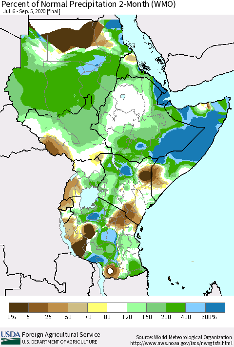 Eastern Africa Percent of Normal Precipitation 2-Month (WMO) Thematic Map For 7/6/2020 - 9/5/2020