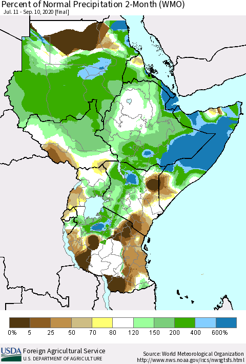 Eastern Africa Percent of Normal Precipitation 2-Month (WMO) Thematic Map For 7/11/2020 - 9/10/2020