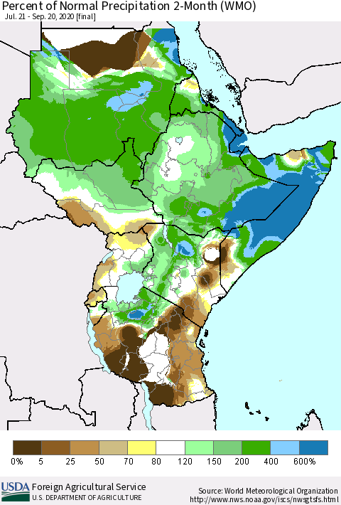 Eastern Africa Percent of Normal Precipitation 2-Month (WMO) Thematic Map For 7/21/2020 - 9/20/2020